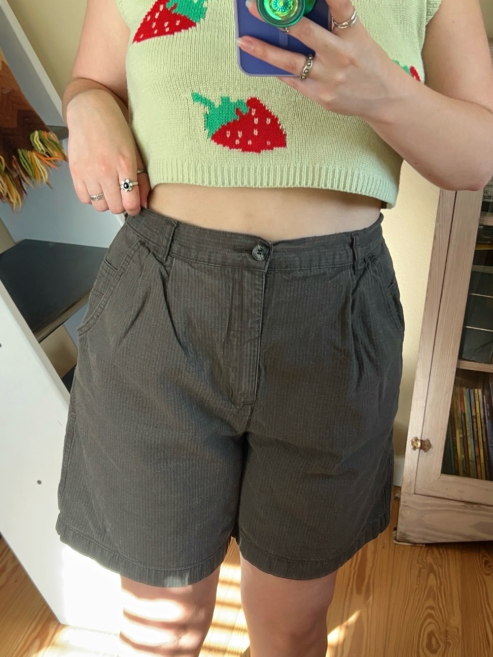 Vintage 2000s Olive Green High Rise Mom Shorts Striped Cotton Earthy Minimalist